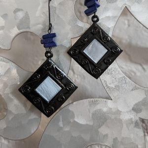 Chapal zenray dangle black swirl blue stone earrings